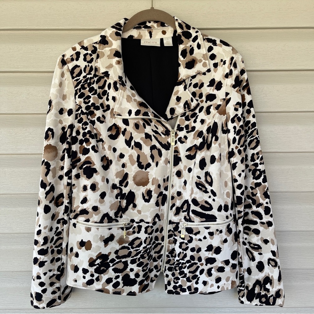 Chico's Leopard Animal Print Asymmetrical Blazer Moto Jacket Size M